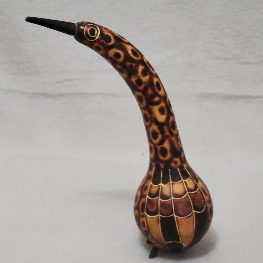 Handmade Gourd Bird Figurine Folk Art Pyrography Etched Spotted Long Neck Brown